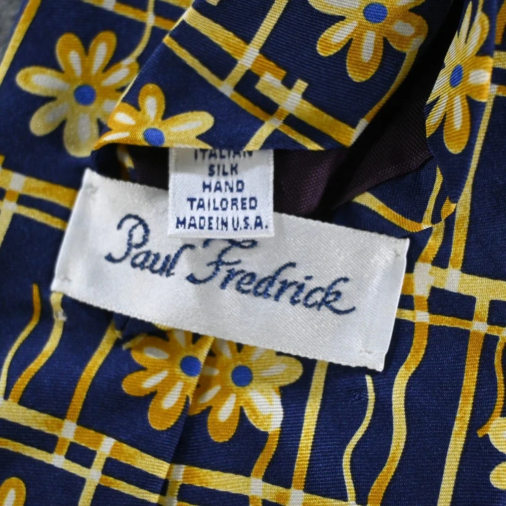 Paul Fredrick Mens Floral Grid Italian Silk Handmade Necktie OS Blue Yellow USA